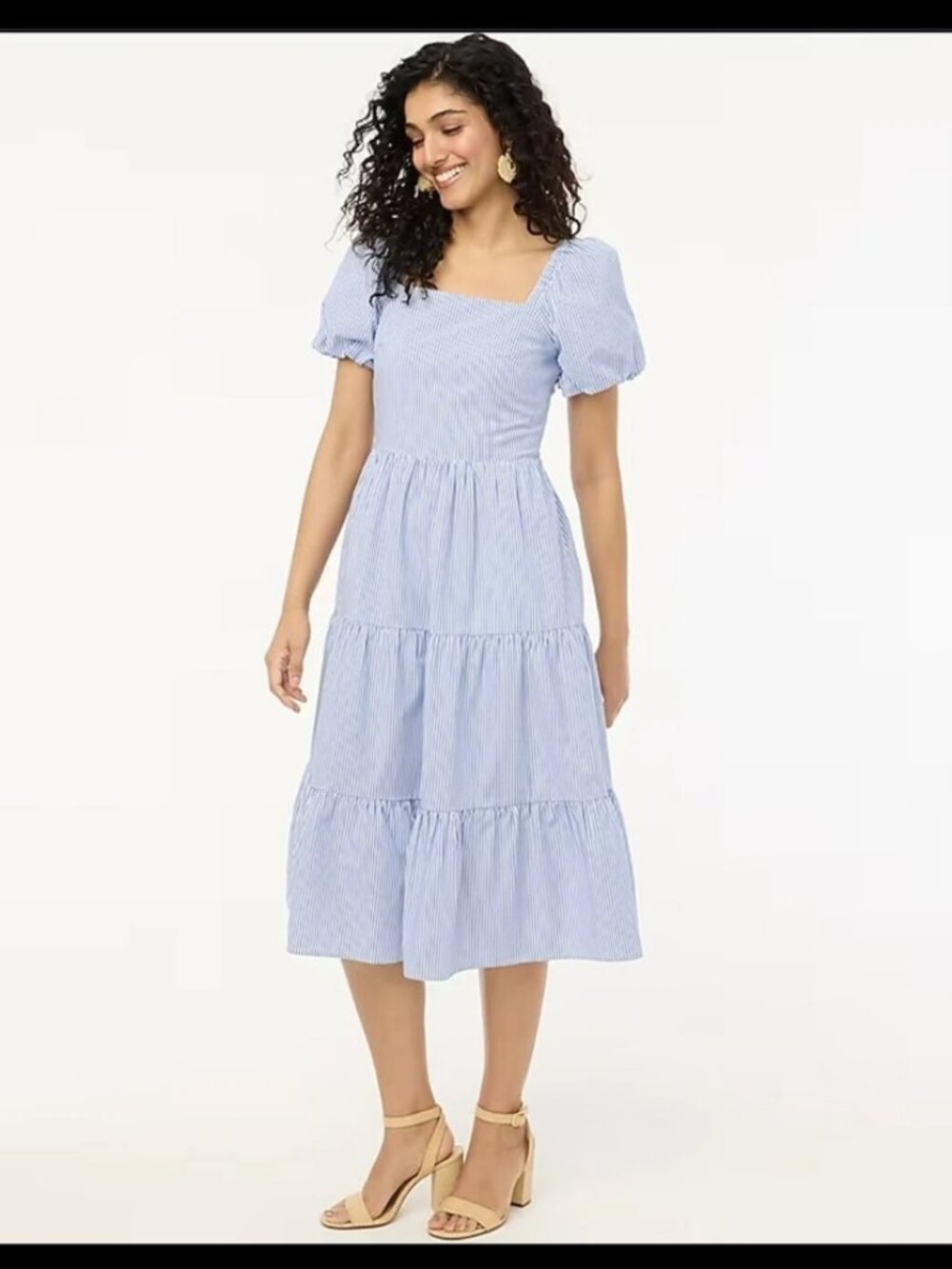 J.Crew Blue White Striped Tiered Puff Sleeve Midi Dress Sz 18